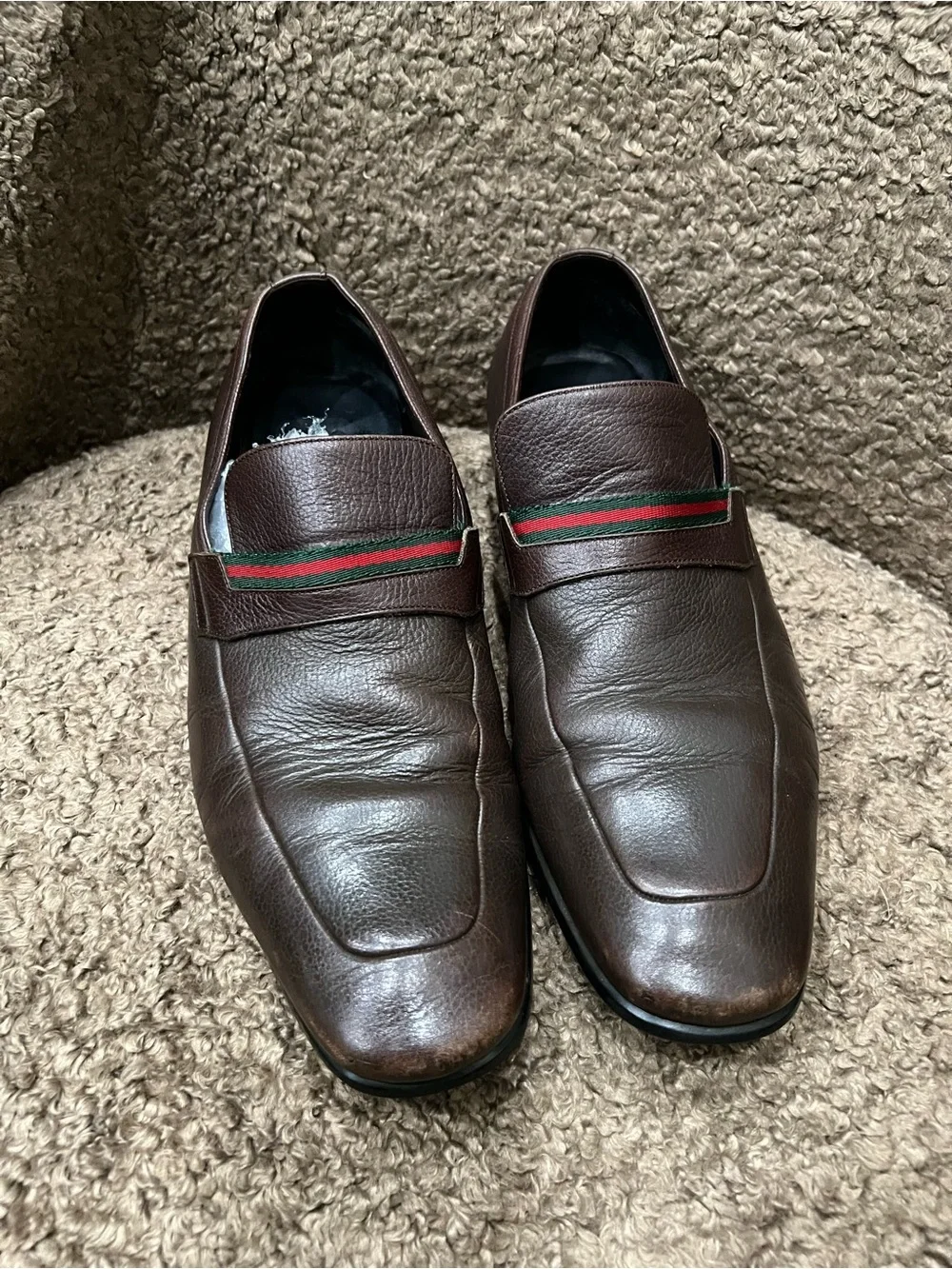 Men's Brown Leather Loafers with Red & Green Accent Gucci Sz 7.5 d